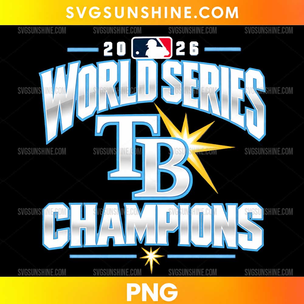 Tampa Bay Rays World Series Champions 2026 PNG featuring silver championship lettering, blue outlines, a central TB emblem, and gold starburst accents.