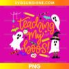 Teaching My Booos PNG with cute Halloween ghosts, orange lettering, colorful crayons, bats, and school supplies.