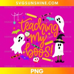 Teaching My Booos PNG with cute Halloween ghosts, orange lettering, colorful crayons, bats, and school supplies.