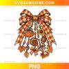 Thanksgiving Buffalo Plaid Turkey Charms Bow PNG featuring an orange plaid ribbon, turkey, pumpkin, sunflower, football, autumn leaves, acorns, and pie