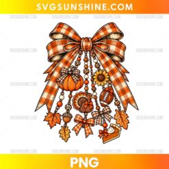 Thanksgiving Buffalo Plaid Turkey Charms Bow PNG featuring an orange plaid ribbon, turkey, pumpkin, sunflower, football, autumn leaves, acorns, and pie