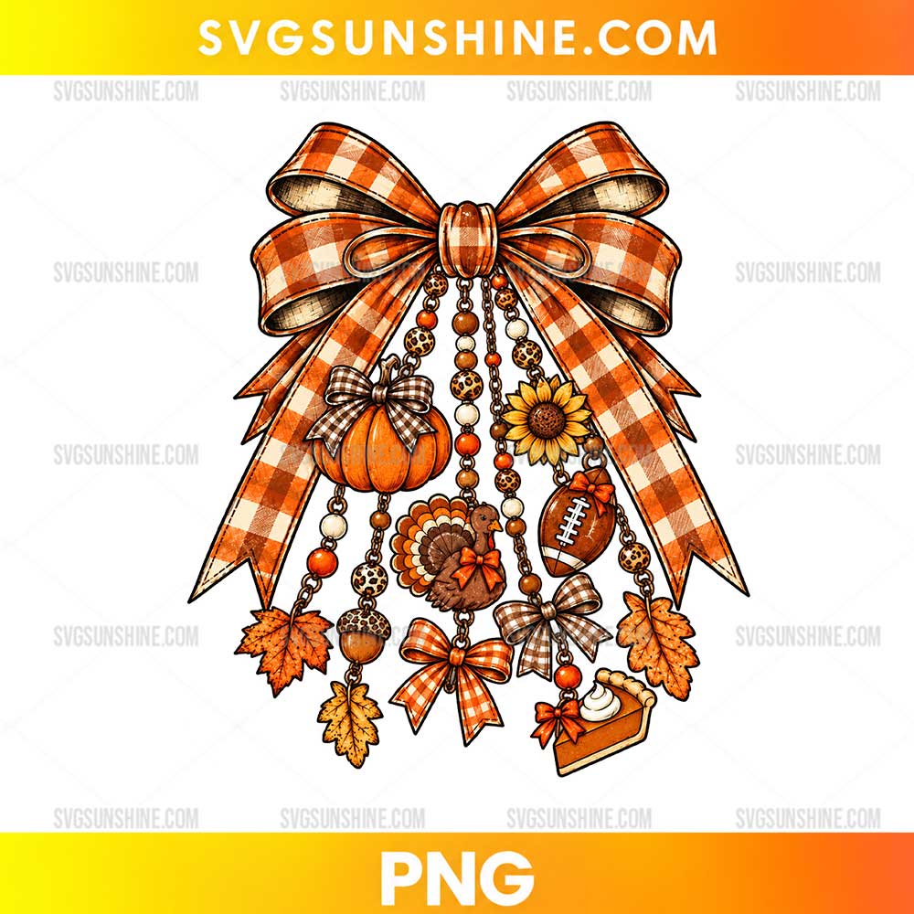 Thanksgiving Buffalo Plaid Turkey Charms Bow PNG featuring an orange plaid ribbon, turkey, pumpkin, sunflower, football, autumn leaves, acorns, and pie