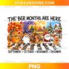 The Ber Months Are Here PNG featuring a pumpkin, ghost, turkey, Santa Claus, and gingerbread character in an autumn-to-Christmas landscape