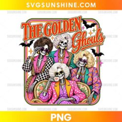 The Golden Ghouls PNG featuring four glamorous skeleton ladies in colorful retro outfits, sunglasses, jewelry, and Halloween decorations