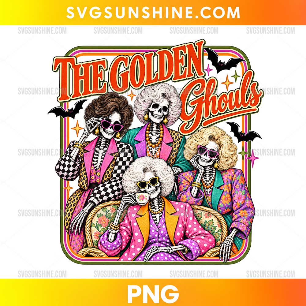 The Golden Ghouls PNG featuring four glamorous skeleton ladies in colorful retro outfits, sunglasses, jewelry, and Halloween decorations