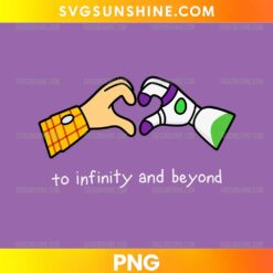 To Infinity and Beyond PNG featuring two hands forming a heart shape, a yellow plaid sleeve, and a colorful space ranger glove.