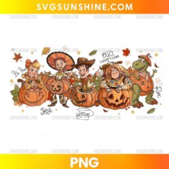 Toy Story Halloween PNG featuring Jessie, Woody, Buzz Lightyear, Rex, and Bo Peep with carved pumpkins and autumn leaves