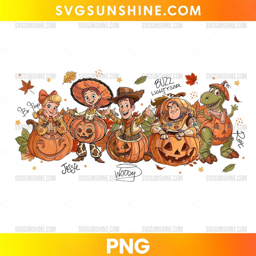 Toy Story Halloween PNG featuring Jessie, Woody, Buzz Lightyear, Rex, and Bo Peep with carved pumpkins and autumn leaves