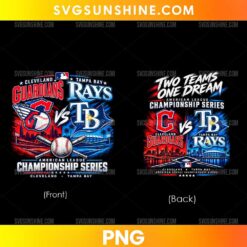 Two Teams One Dream ALCS 2026 PNG featuring Cleveland Guardians and Tampa Bay Rays graphics, crossed baseball bats, stadium scenery, and red and blue colors.