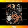 Vintage Halloween Spooky Night PNG featuring a smiling skeleton, floating ghost, black cat, orange jack-o'-lantern, crescent moon, bats, and haunted house.