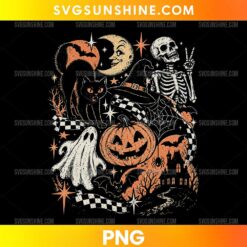 Vintage Halloween Spooky Night PNG featuring a smiling skeleton, floating ghost, black cat, orange jack-o'-lantern, crescent moon, bats, and haunted house.