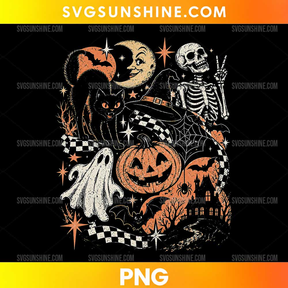 Vintage Halloween Spooky Night PNG featuring a smiling skeleton, floating ghost, black cat, orange jack-o'-lantern, crescent moon, bats, and haunted house.