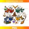 Wizard Ghosts PNG featuring four ghost readers with colorful wizard-school scarves, magical books, potion bottles, an owl, and a broomstick