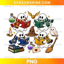 Wizard Ghosts PNG featuring four ghost readers with colorful wizard-school scarves, magical books, potion bottles, an owl, and a broomstick