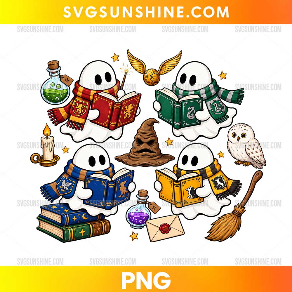 Wizard Ghosts PNG featuring four ghost readers with colorful wizard-school scarves, magical books, potion bottles, an owl, and a broomstick