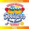 World Famous Dodgers PNG featuring a colorful hot dog, retro lettering, and blue and white checkerboard graphics