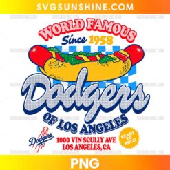 World Famous Dodgers PNG featuring a colorful hot dog, retro lettering, and blue and white checkerboard graphics